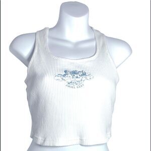 Shein Graphic Print Letter Angel Rib Knit Crop Tank Top Medium White Blue